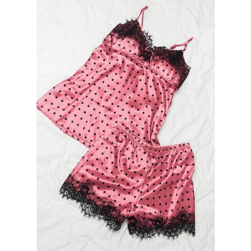Piżama z satyny jedwabnej L/XL- jasny róż- koronka typ serduszka